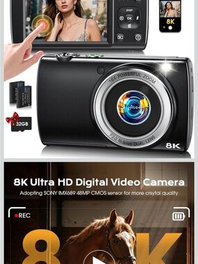 8K Ultra HD Black Digital Video Camera with 16x Zoom